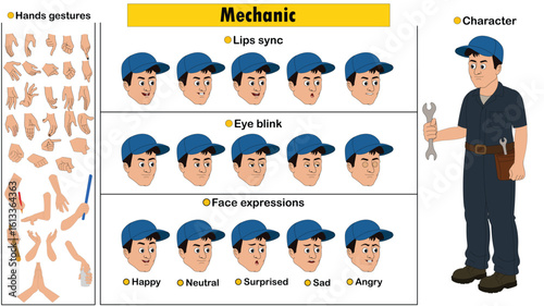 Cartoon vector mechanic man full model sheet including eyes blink, lip sync, face expressions and hands gestures