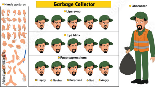 Cartoon vector Garbage collector man full model sheet including eyes blink, lip sync, face expressions and hands gestures