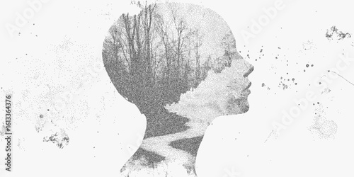 Woman's head, mind or thoughts. Vintage drawing with halftone pattern, gritty photocopy feel and monochrome threshold effect.