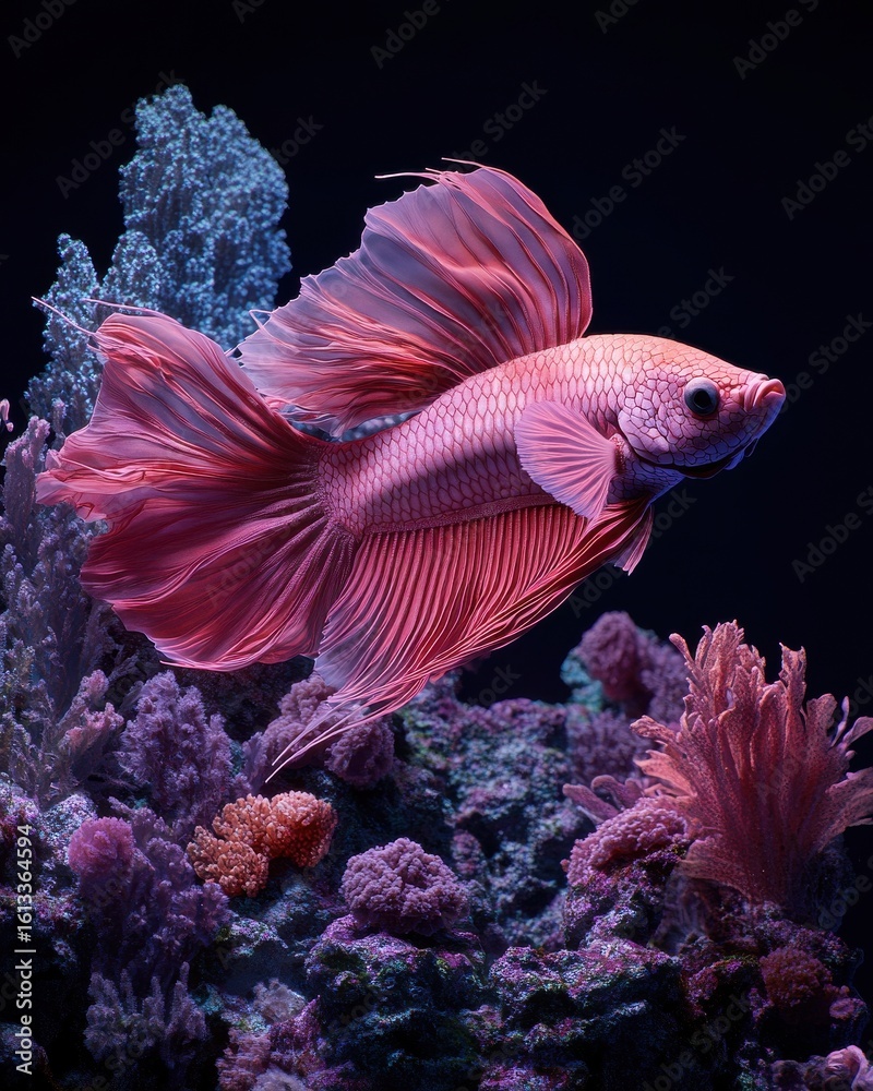 Obraz premium A vibrant pink betta fish gracefully swims among colorful coral in an aquarium setting.