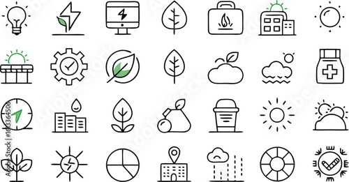Collection of hand-drawn eco friendly and sustainability icons green energy environment