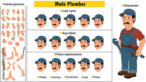 Cartoon vector male plumber full model sheet including eyes blink, lip sync, face expressions and hands gestures