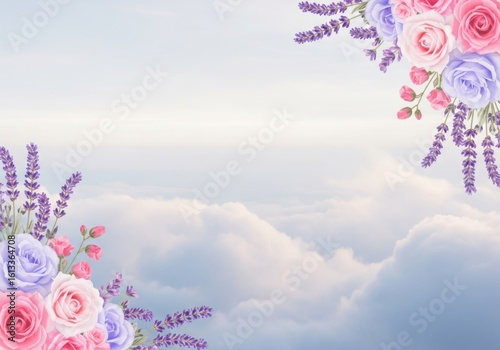 A soft and dreamy floral border of roses and lavender frames a serene sky with gentle clouds