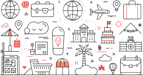 Travel and vacation icons including globes airplanes luggage buildings and beach umbrella vector
