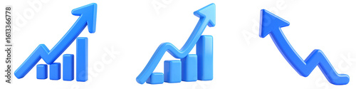 Bar chart graph arrow growth increase decrease blue 3d icon Upward and downward blue 3d bar chart icons with arrows, representing business growth, decline, and financial trends, isolated