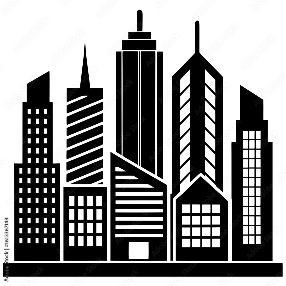 Fototapeta premium Cityscape with various buildings black silhouette vector illustration