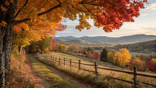 Autumnal mountain landscape: vibrant fall foliage colors trees lining a scenic forest path under a clear sky