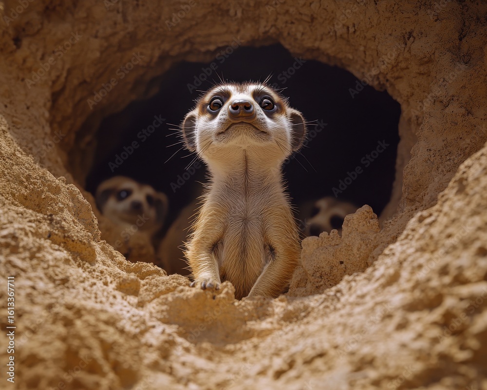 Fototapeta premium Curious meerkat peeks out from its burrow, with fellow meerkats in the background. Desert habitat setting.