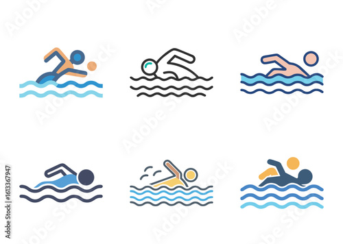 Illustration set of people swimming in water doing various strokes and poses
