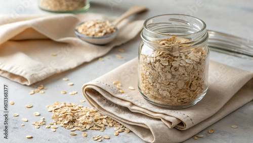 Healthy oatmeal breakfast in a glass jar on a beige napkin with a spoon full of oats
