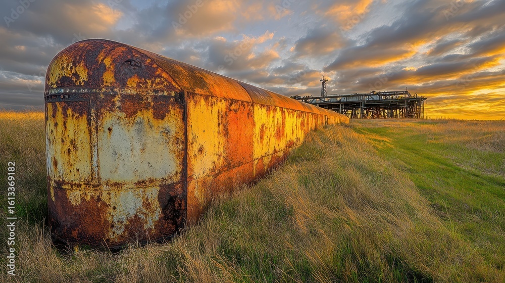 Obraz premium Rusty Metal Object Against Dramatic Sunset Clouds in Landscape