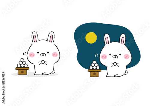 月見団子を食べるゆる可愛いウサギ