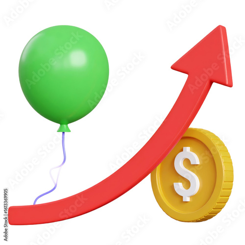 Green balloon red upward arrow yellow coin dollar symbol financial growth economic success positive trend 3D illustration isolated cheerful concept