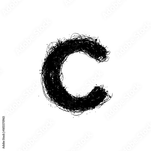 Freeform letter C made from tangled ink lines and splatters, expressing raw creativity, artistic spontaneity, and abstract motion.

