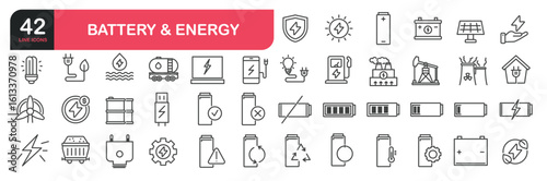Set of line icons related to energy, power, ecology, green energy. Outline icons collection. Editable stroke. Vector illustration