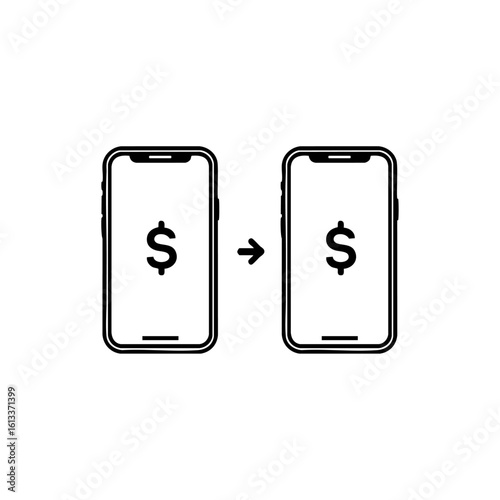 Minimalist black vector icon of two smartphones with dollar signs and arrow, representing mobile money transfer or digital payment between phones.
