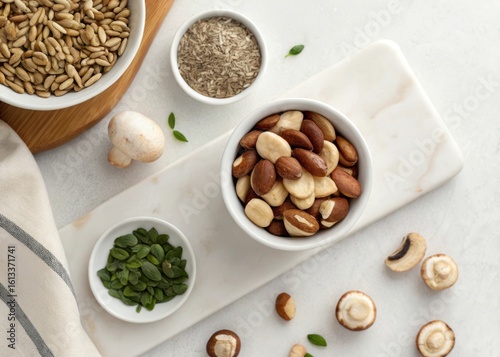 Close-up overhead shot of selenium-rich superfoods such as nuts, sunflower seeds and mushrooms on a kitchen surface, ideal for nutrition science and dietary health projects  