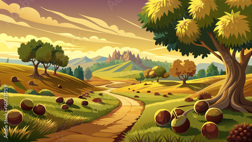 Stunning rural scenery featuring chestnut groves, farmland, and scenic dirt paths for hiking stretches beneath a golden sky. Semi-realistic vector art captures every leaf, trail, and peaceful moment.