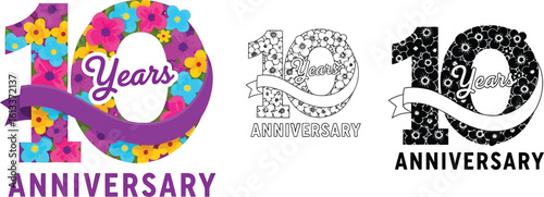 Ten year anniversary vector design with flowers for greeting card and invitation card