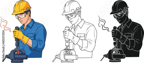 Illustration of worker drilling metal with safety gear and tools in workshop scene