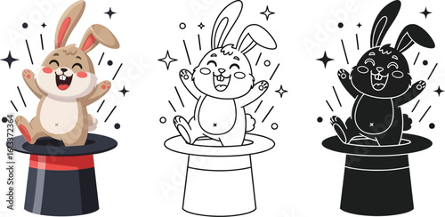 Magic show with cute bunny in hat illustration vector design for kids and children