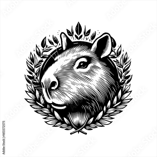 Capybara head in laurel wreath