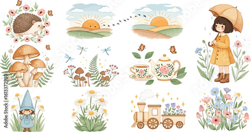 Watercolor illustrations of nature scenes with animals and plants for graphic design