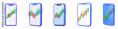 Smartphone 3D candlestick chart trading finance investment technology blue isolated modern digital mobile screen business data analysis growth profit market economic uptrend success futuristic