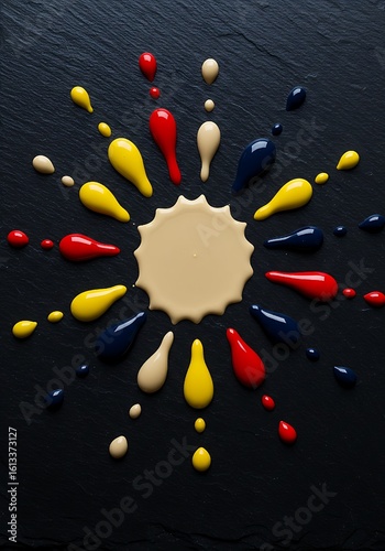 Top-Down Paint Sunburst on Dark Slate – Glossy Red, Yellow, Navy, and Beige Splashes in Modern Minimalist Composition