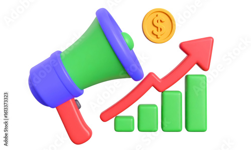 Megaphone bar chart arrow and coin symbolize marketing growth financial success and business development with vibrant modern and optimistic style