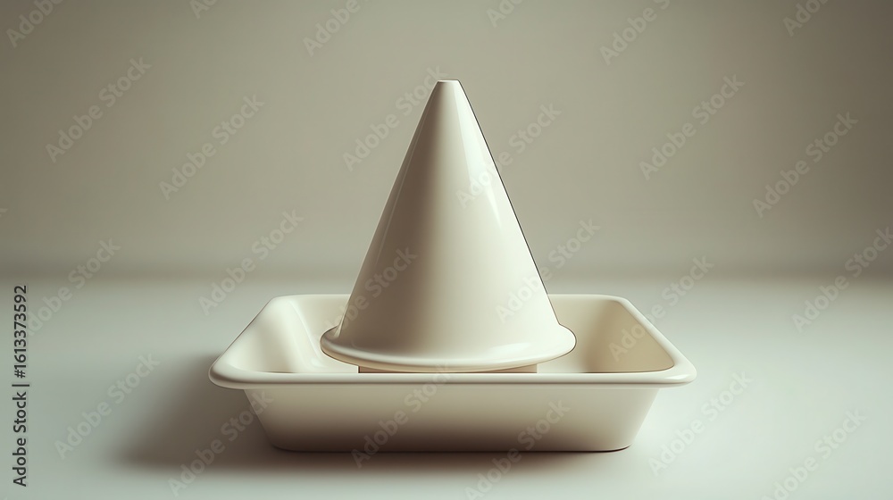 Fototapeta premium Minimalist Arrangement of White Cone and Tray on Soft Background