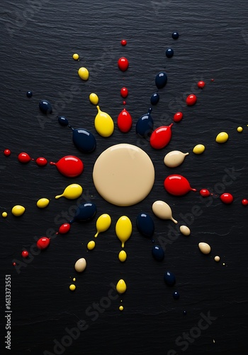Top-Down Paint Sunburst on Dark Slate – Glossy Red, Yellow, Navy, and Beige Splashes in Modern Minimalist Composition