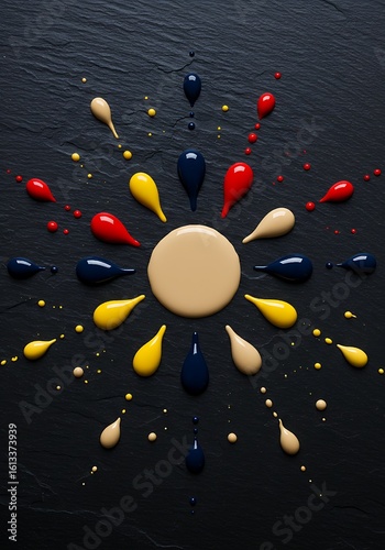 Top-Down Paint Sunburst on Dark Slate – Glossy Red, Yellow, Navy, and Beige Splashes in Modern Minimalist Composition