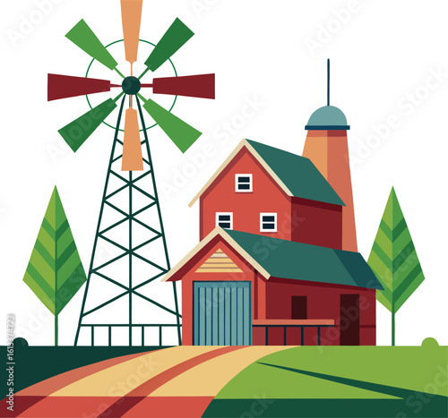 vibrant flat cartoon farm scene with red barn windmill sunny day vector illustration eps