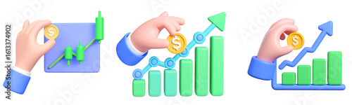 Hand holding coin financial growth chart upward arrow investment profit business success economic increase 3D illustration blue and green color positive emotion