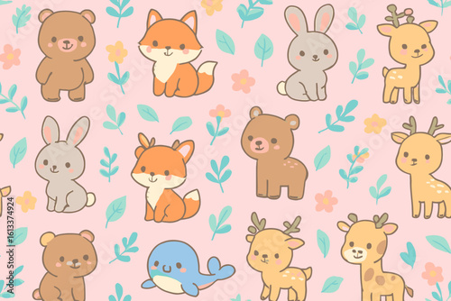 Cute cartoon forest animals like bears, foxes, rabbits, and deer in a whimsical pattern with floral elements on a soft pink background.