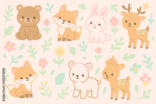 A delightful collection of cute cartoon forest animals like bears, foxes, bunnies, and deer, set against a gentle pastel floral background, perfect for children's designs.