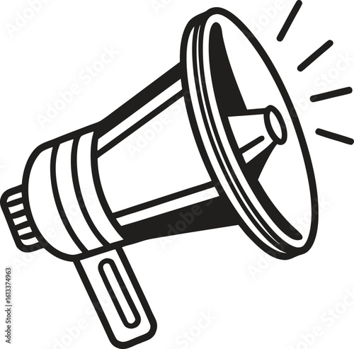 Black and white graphic illustration of a megaphone with sound waves bullhorn speaker