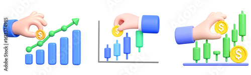 3D illustration hand holding coin financial chart candlestick graph investment economic growth business analysis profit upward trend trading finance concept