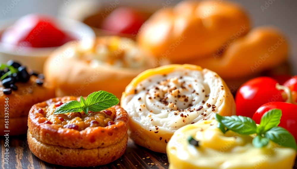 Delicious baked goods artfully arranged, appetizing close-up Delicious baked goods artfully arranged, appetizing close-up