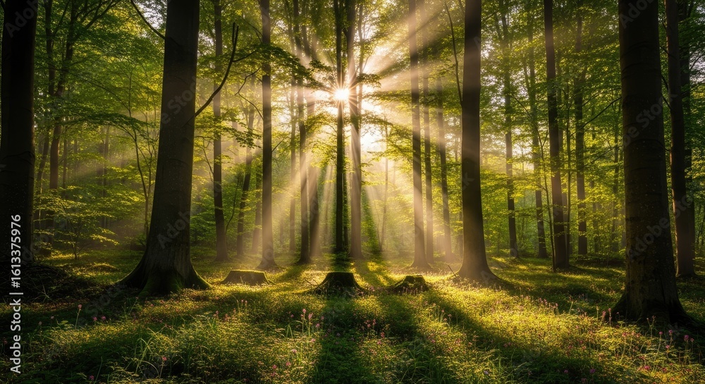 Obraz premium Sunbeams pierce lush green forest canopy, illuminating mossy ground with vibrant morning light and delicate wildflowers