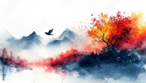 
sunset between the mountains, in watercolor style, vivid colors