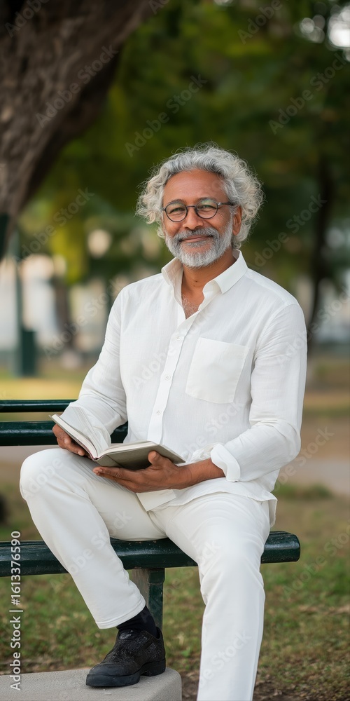 Obraz premium Mature caucasian male enjoying reading outdoors in a park setting
