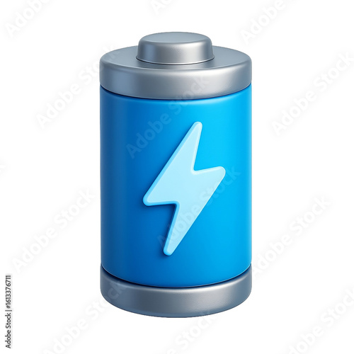 3D Blue Battery Icon with Lightning Bolt on Transparent Background. Glossy Plastic Style for Energy UI and Mobile Apps