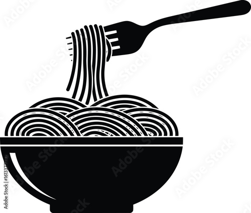 Spaghetti Bowl with Fork Icon - Black Silhouette Pasta Dish