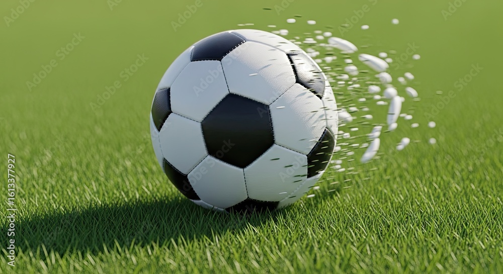 Fototapeta premium Dynamic soccer ball exploding into particles on lush green grass, capturing the thrill of the game and athletic motion