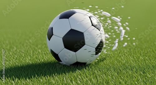 Dynamic soccer ball exploding into particles on lush green grass, capturing the thrill of the game and athletic motion