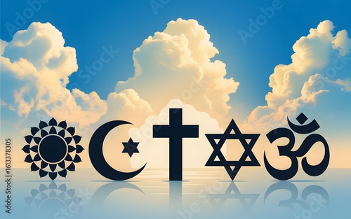 Symbols of major world religions united under a cloudy sky
