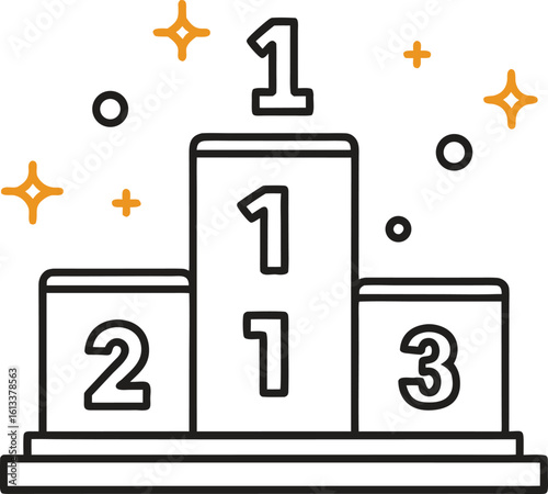Podium with numbers one two and three and orange stars and circles winner first place