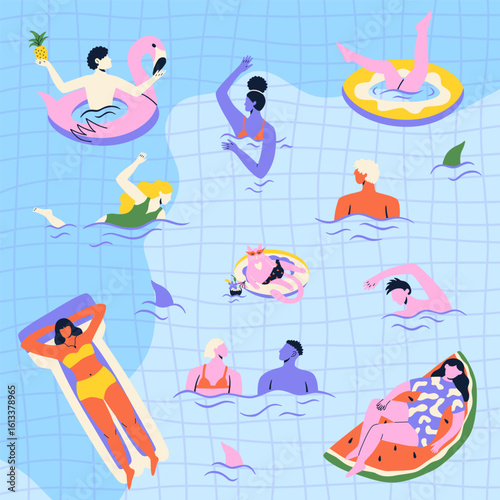 Poster with women and men swimming in a pool. Funny pool party banner design. People swimming, relax, have a fun time on the water. Vector cartoon illustration.